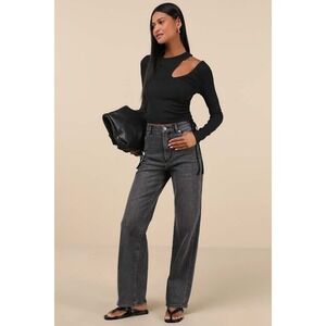 Lulus Black Ribbed Long Sleeve Cutout Top Cinched Drawstring crop top Small NWT